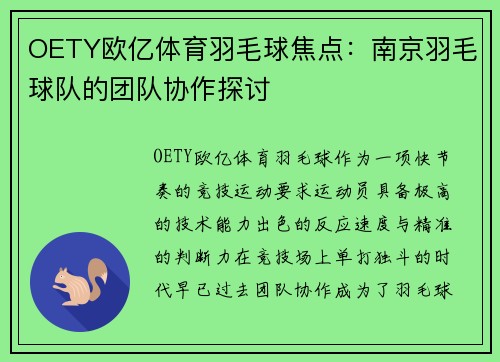 OETY欧亿体育羽毛球焦点：南京羽毛球队的团队协作探讨